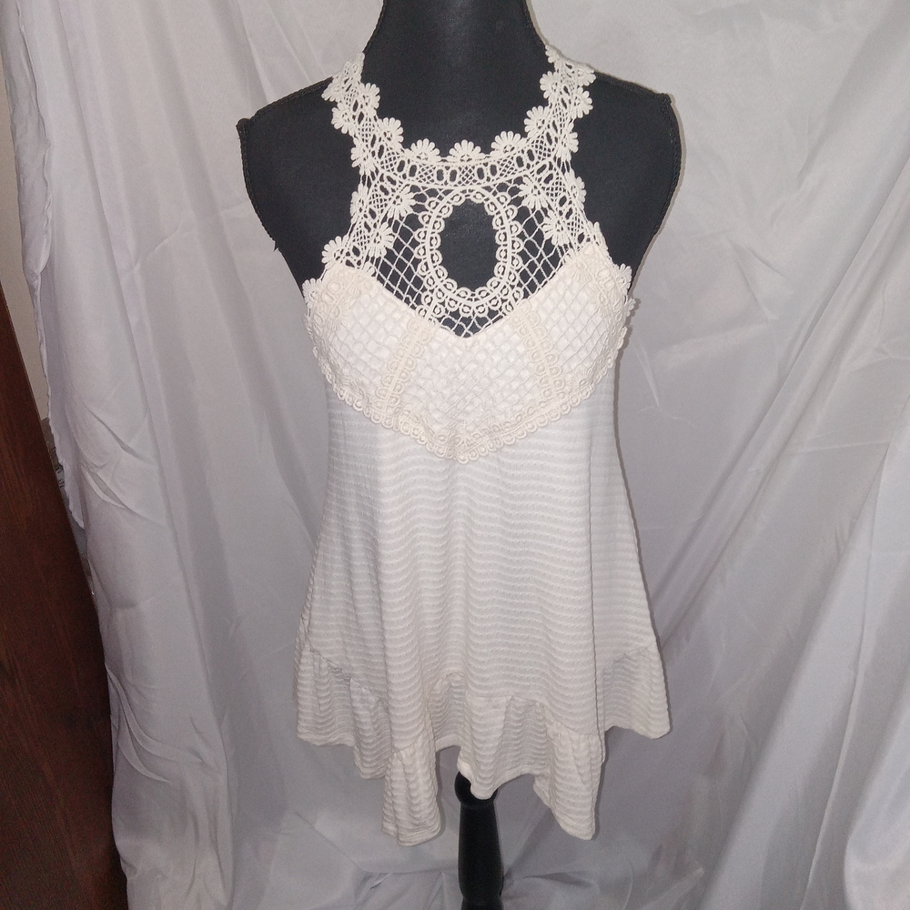 Maurices Cream Crochet Trim Top Womens Size Small Soft Boho Ruffle Asymmetrical